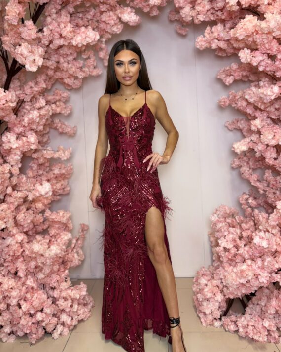 Pusia bis długa bordowa ołówkowa sukienka cekinowa cekiny