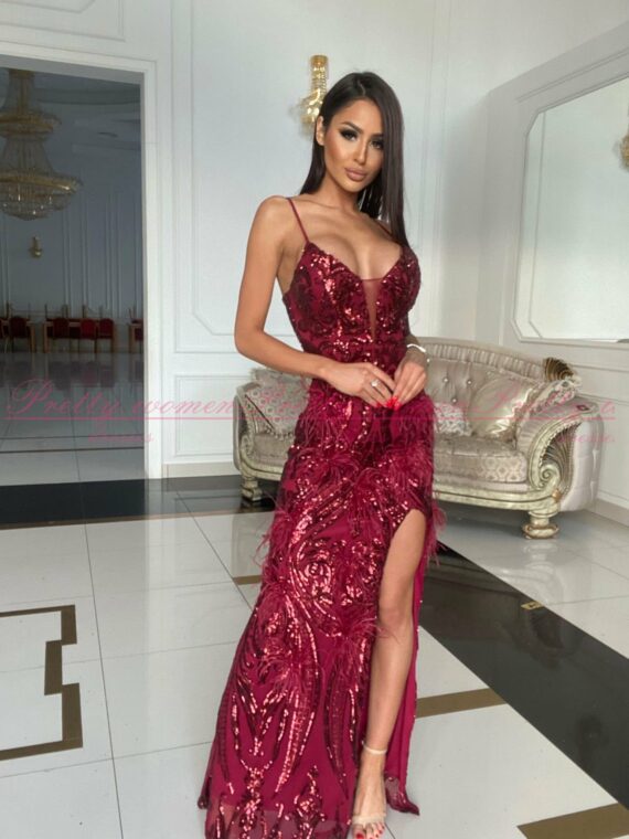 Pusia bis długa bordowa ołówkowa sukienka cekinowa cekiny