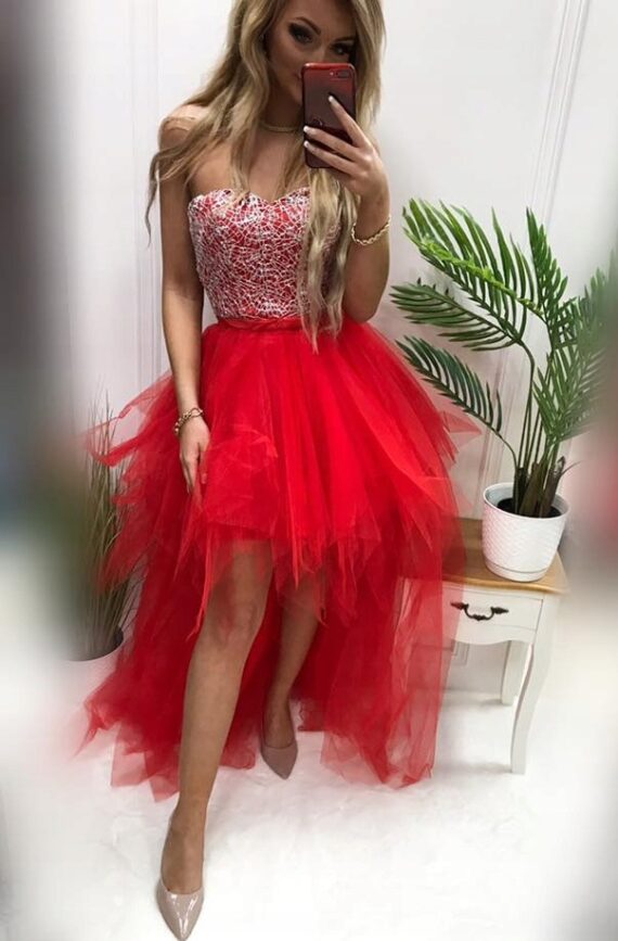 Ocean czerwona tiulowa gorsetowa sukienka na ślub na studniówkę