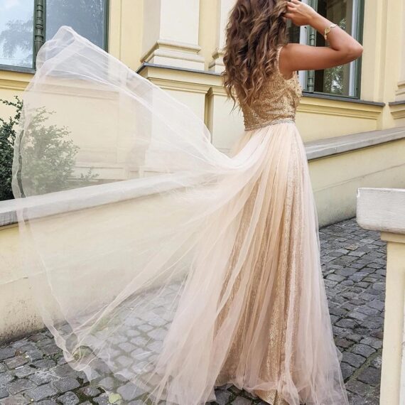 Gold długa złota suknia wieczorowa ślub wesele