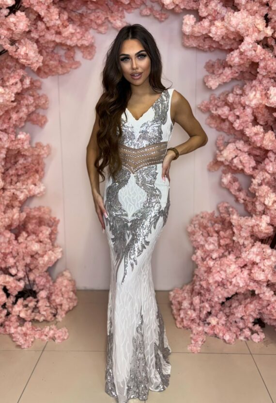 Waleria DŁUGA BIAŁO-SREBRNA SUKIENKA CEKINOWA NA WESELE