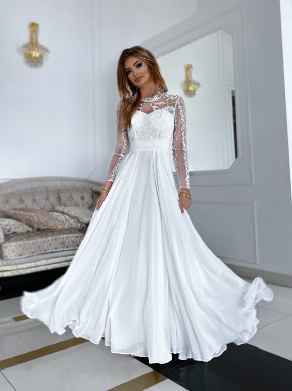 Greys długa biała szyfonowa suknia ślubna