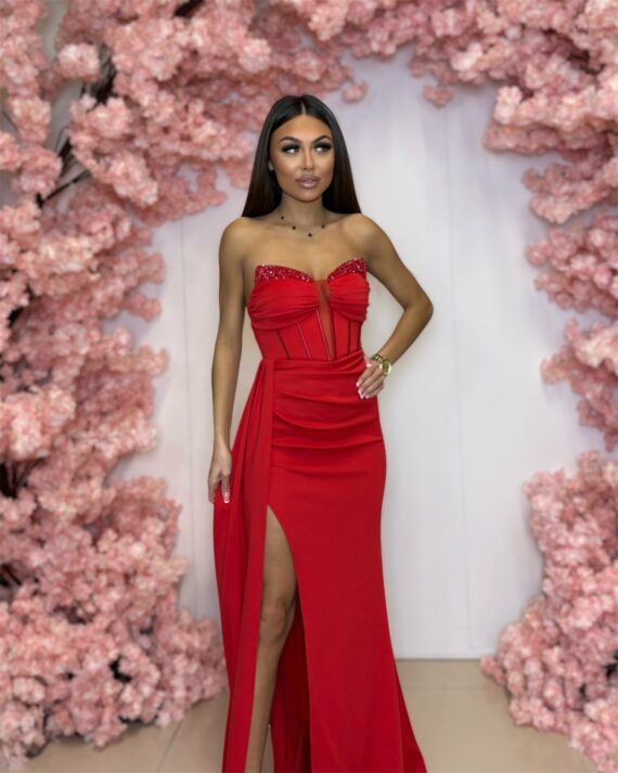 Portofino czerwona długa sukienka z rozcięciem