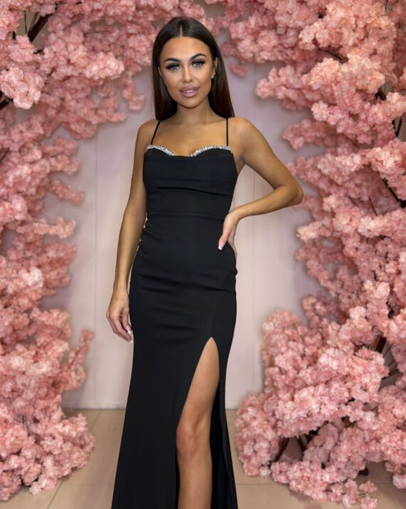 Trudi długa czarna sukienka z rozporkiem