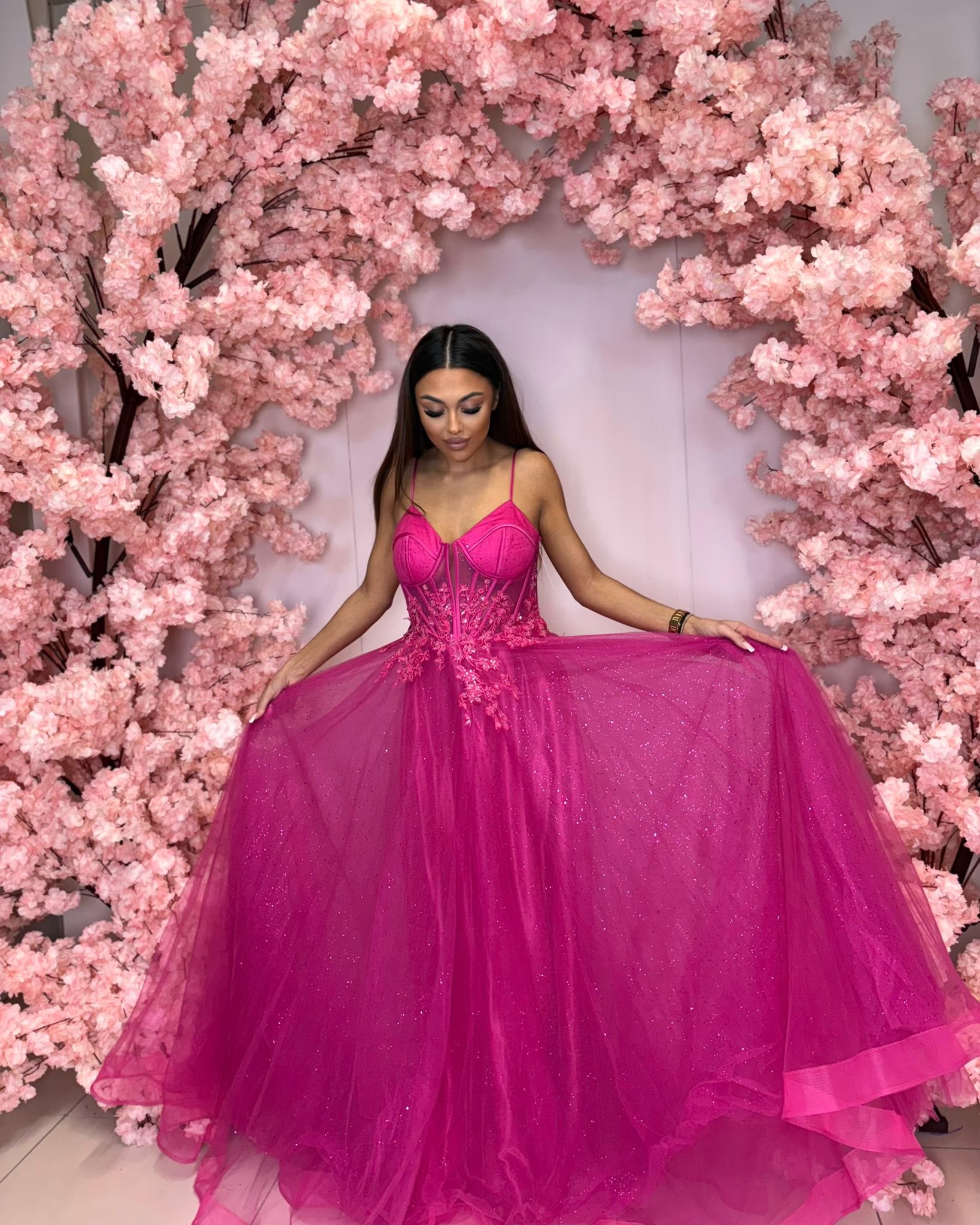 Paradise fuksja długa tiulowa suknia na bal - obrazek 3