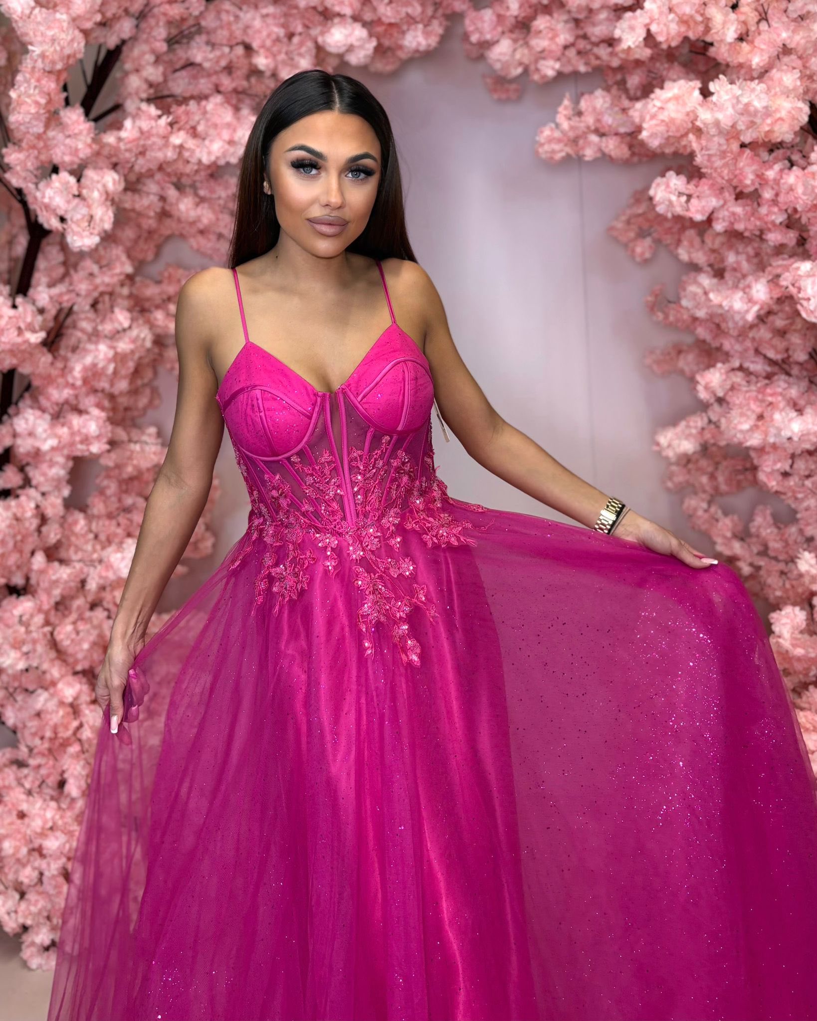 Paradise fuksja długa tiulowa suknia na bal - obrazek 2