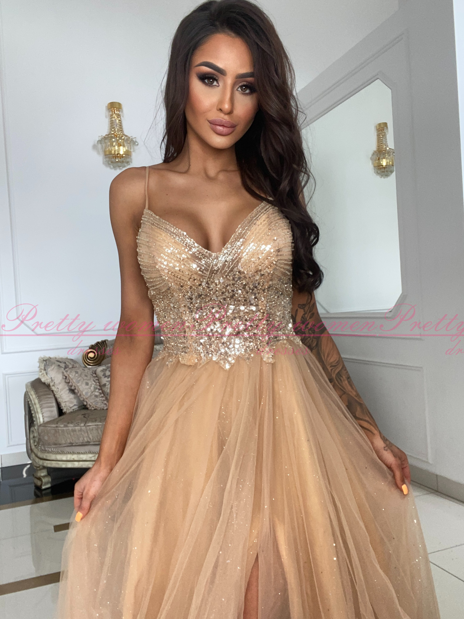 Emily beżowa długa tiulowa sukienka księżniczka - obrazek 2