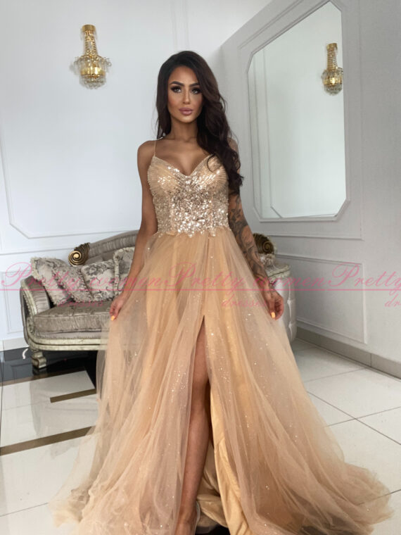 Emily beżowa długa tiulowa sukienka księżniczka