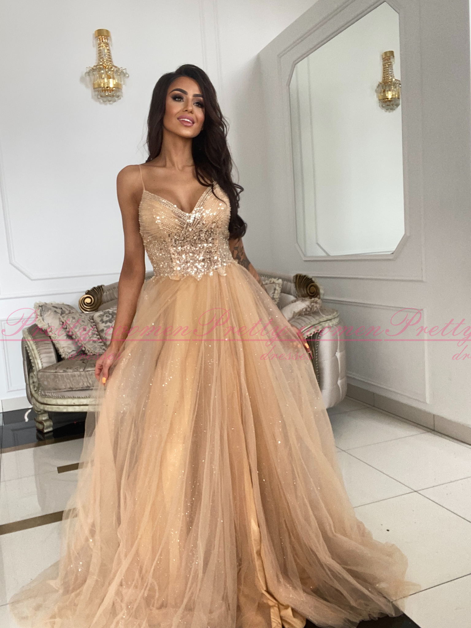 Emily beżowa długa tiulowa sukienka księżniczka - obrazek 3