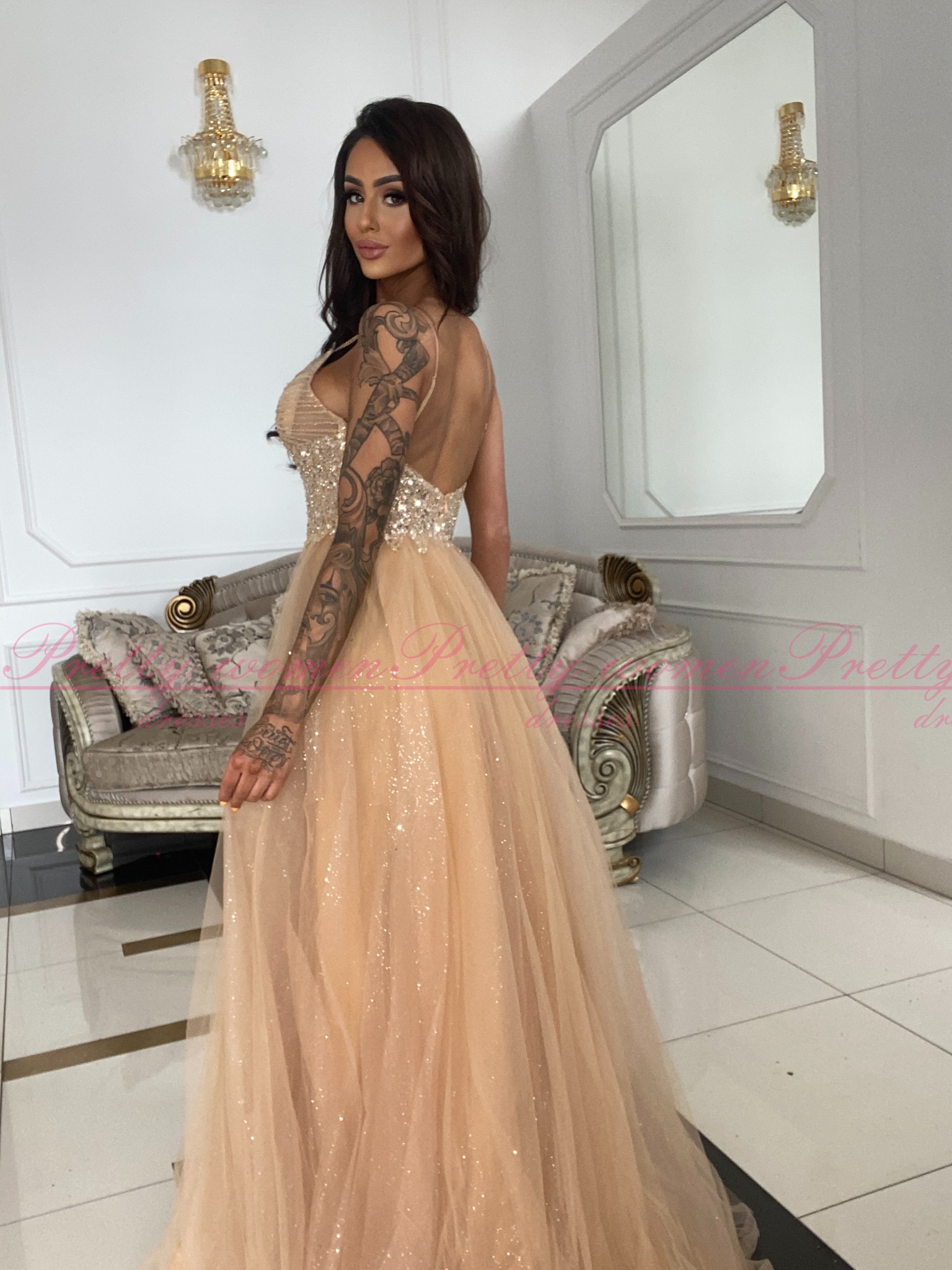 Emily beżowa długa tiulowa sukienka księżniczka - obrazek 4