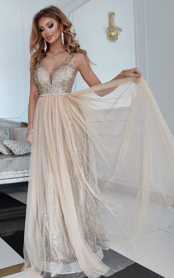 Gold długa złota suknia wieczorowa ślub wesele