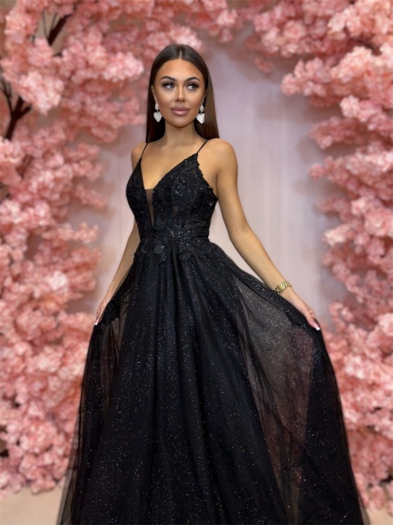 Tiramisu czarna długa tiulowa suknia na bal - obrazek 3