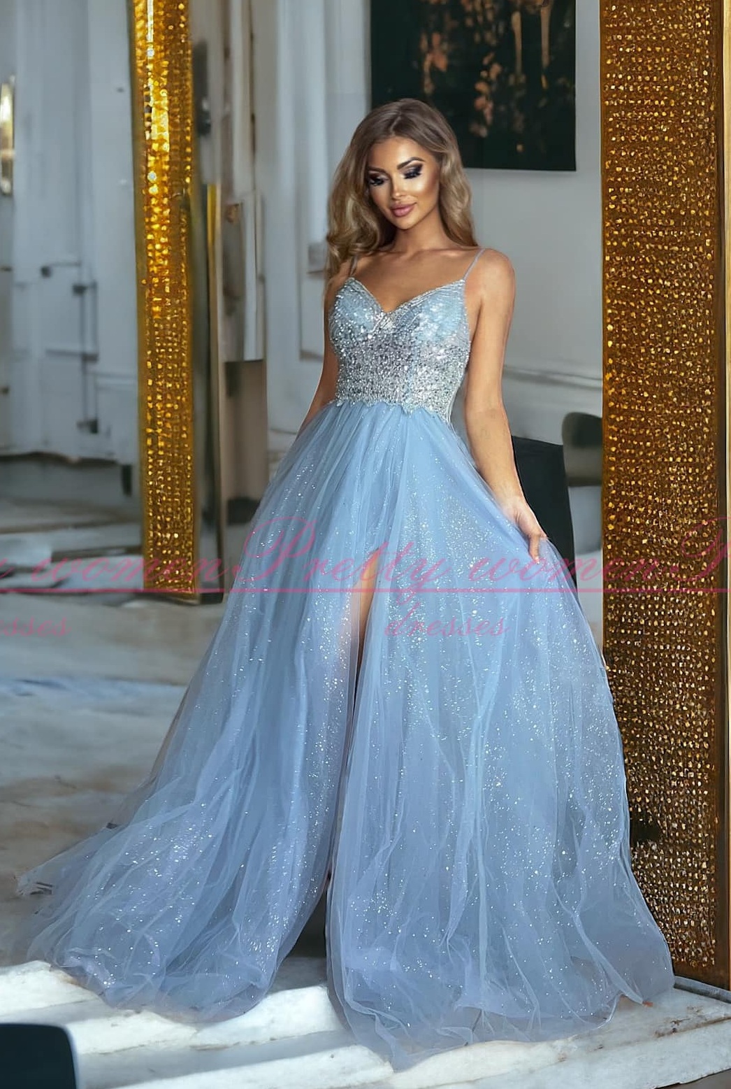 Emily gołębi błękit długa tiulowa sukienka księżniczka