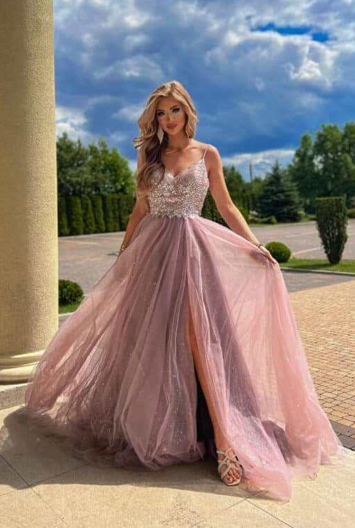 Emily wrzosowa długa tiulowa sukienka księżniczka