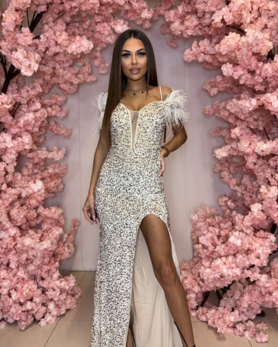 Manon szampańska długa sukienka z piórami