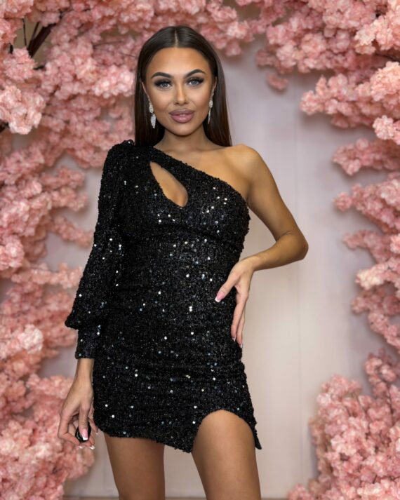 Ava czarna ołówkowa sukienka z cekinami na jedno ramię