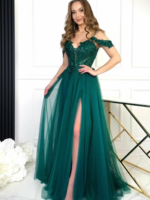 Inez długa butelkowa zieleń tiulowa sukienka księżniczka