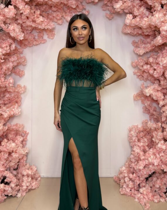 Immer butekowa zieleń Sukienka Maxi Z Piórami