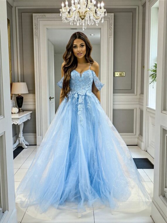 Limoncello błękitna długa tiulowa sukienka księżniczka