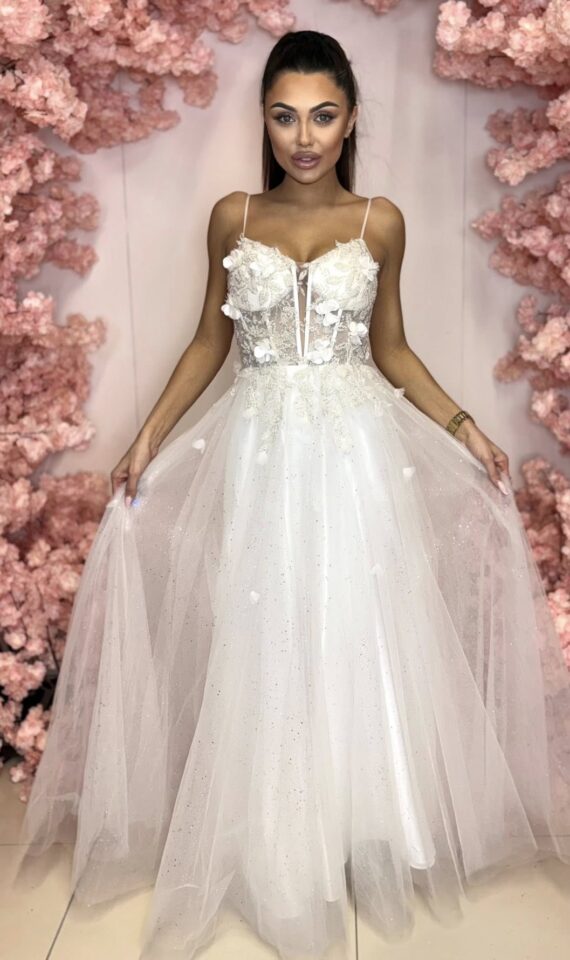 Solvi długa biała tiulowa suknia ślubna - XS