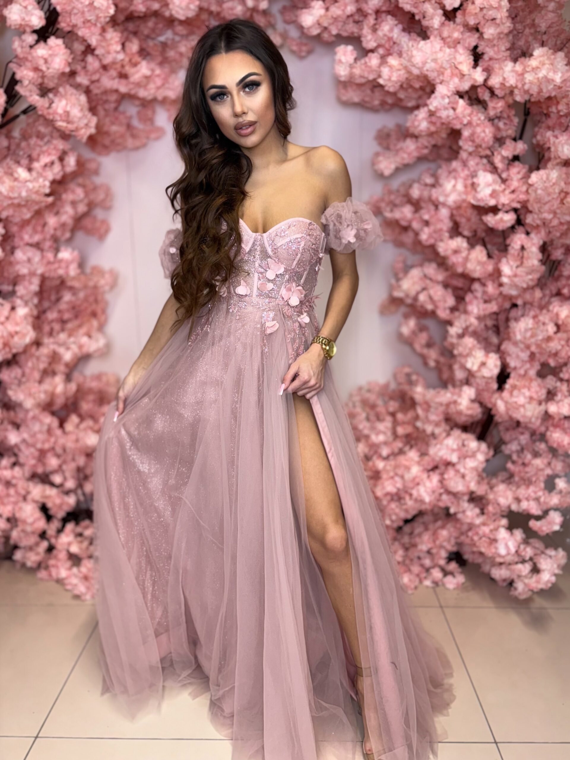 Madryt długa pudrowy róż tiulowa sukienka księżniczka - obrazek 2