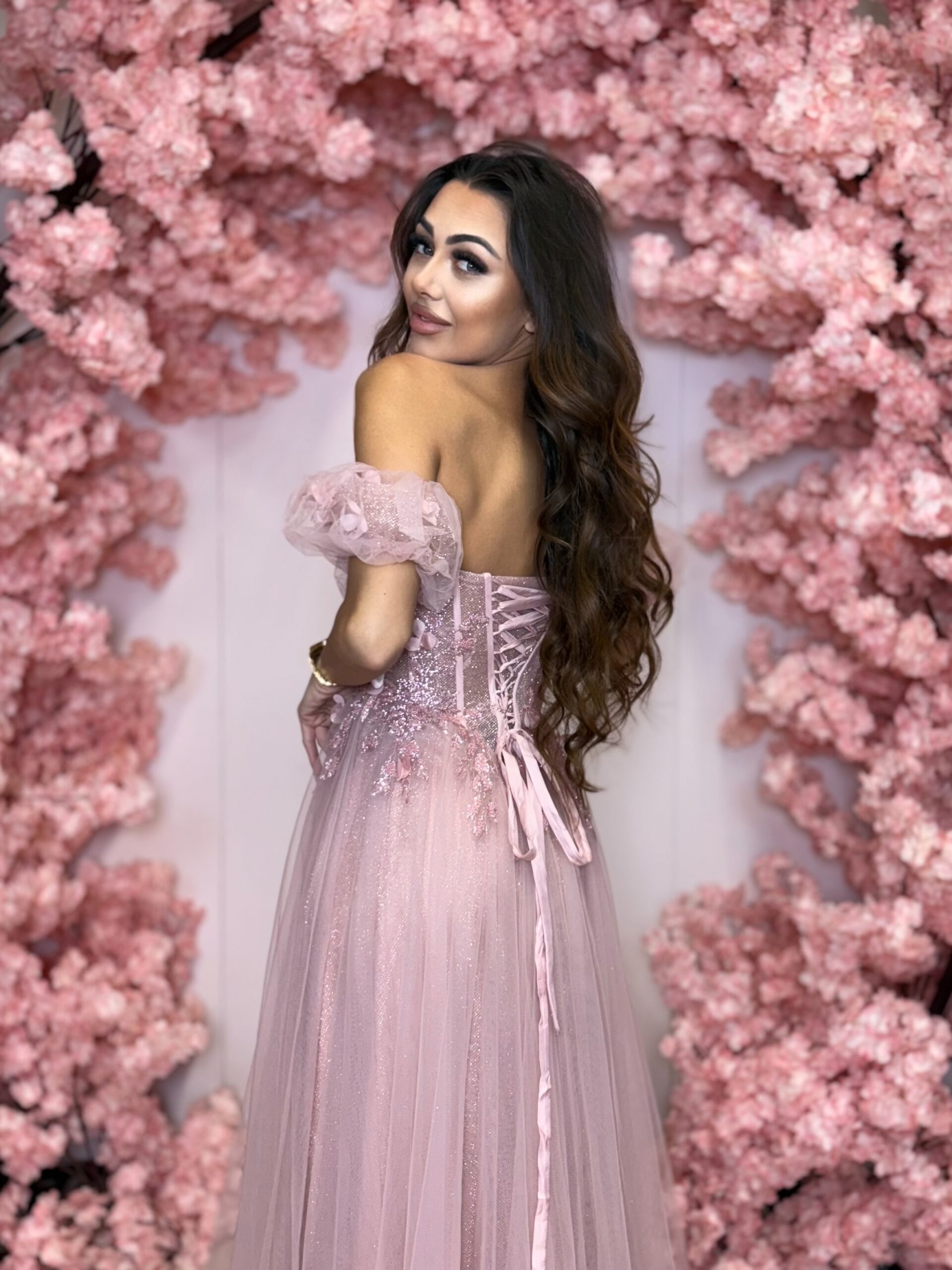 Madryt długa pudrowy róż tiulowa sukienka księżniczka - obrazek 3