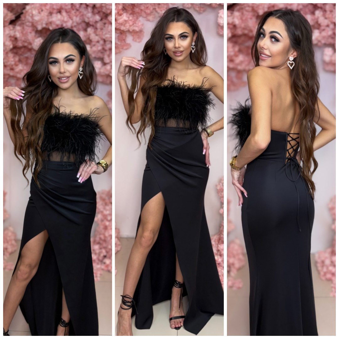 Immer Czarna Sukienka Maxi Z Piórami sznurowanym gorsetem - obrazek 2