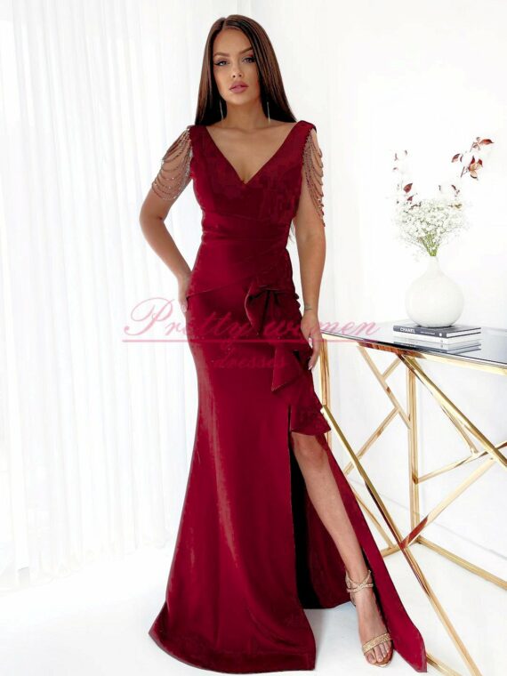 Monia bis bordowa maxi sukienka z koralikami i rozcięciem