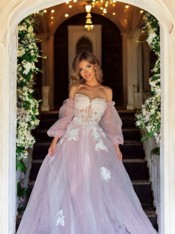 Cofete biało-różowa tiulowa sukienka ślubna księżniczka