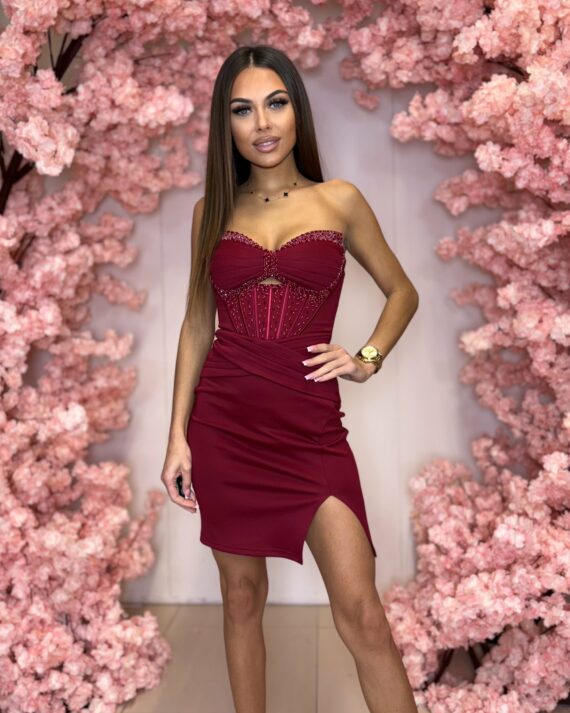 Luckin bordowa krótka sukienka z rozcięciem