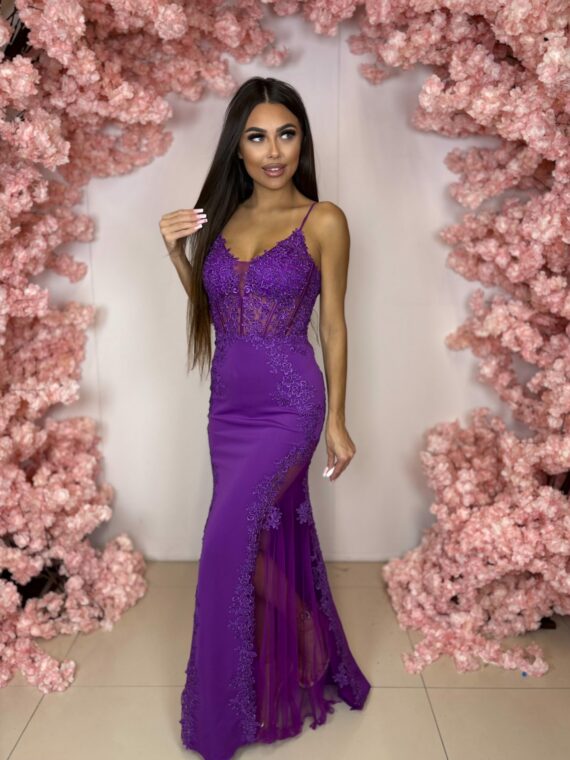 Boda fioletowa długa suknia ślub rybka