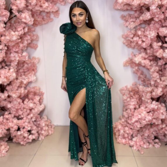 Ivy długa butelkowa zieleń cekinowa sukienka z rozporkiem