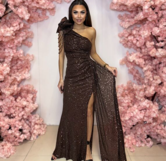 Ivy długa czekoladowa cekinowa sukienka z rozporkiem