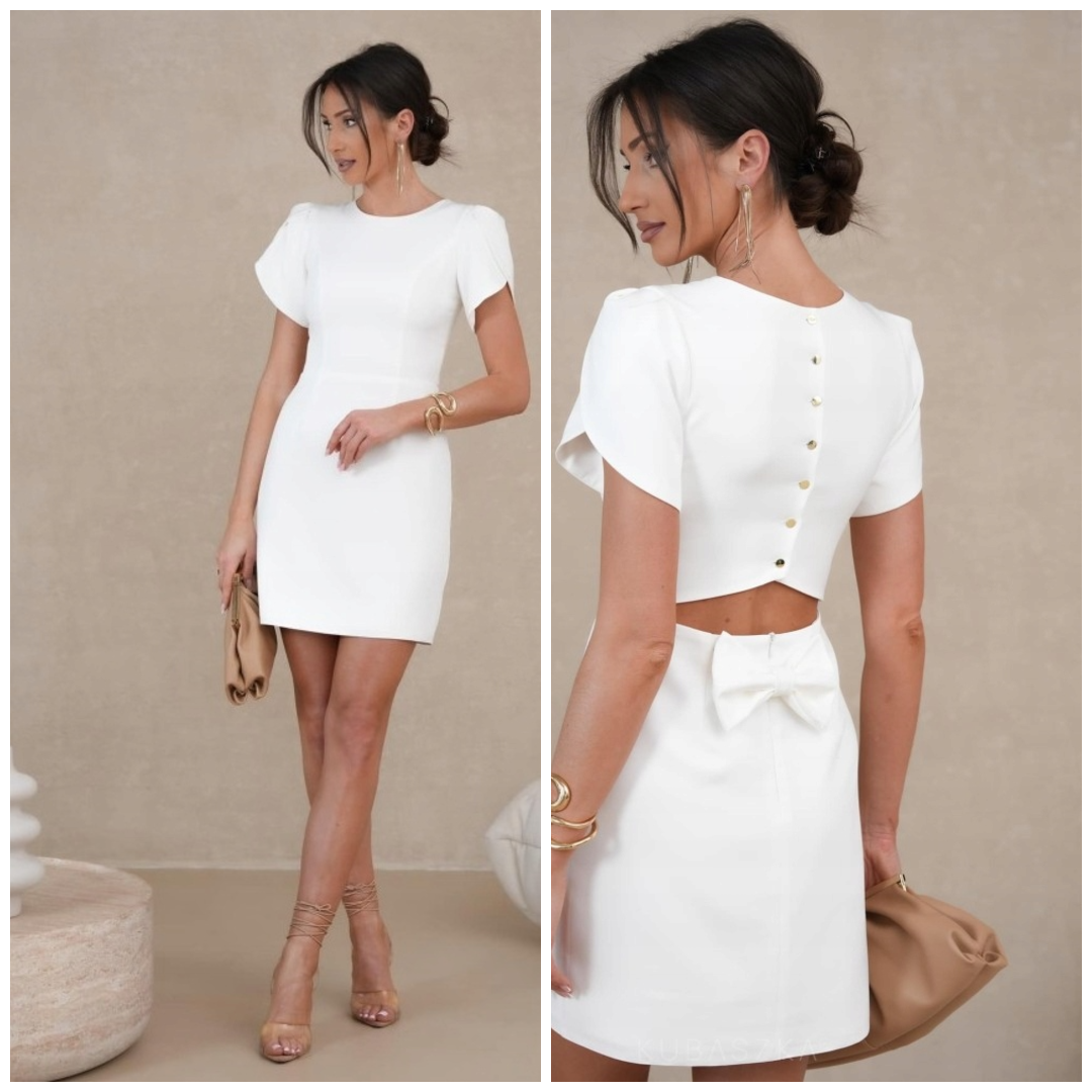 Sukienka ecru Blanca mini z dekoltem na plecach i kokardą