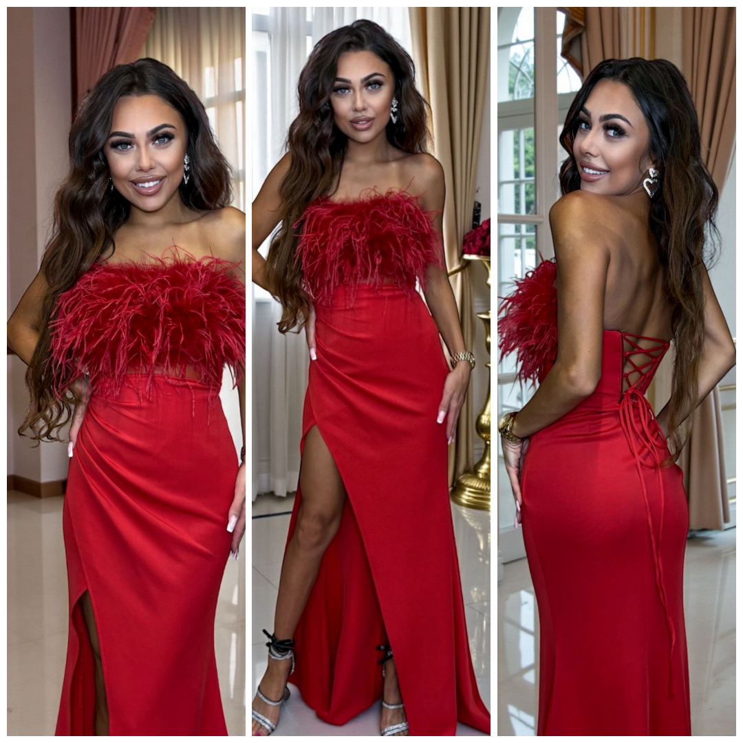 Immer Czerwona Sukienka Maxi Z Piórami sznurowanym gorsetem - obrazek 3